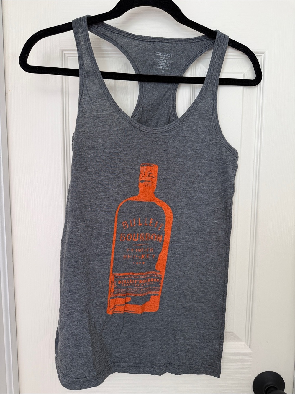 Gray Racerback Tank with Orange Bulleit Bourbon Bottle Graphic